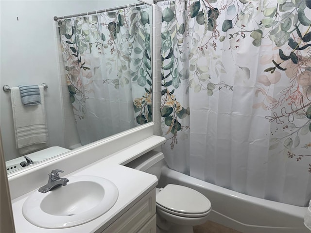 bathroom with toilet, vanity, and shower / tub combo with curtain