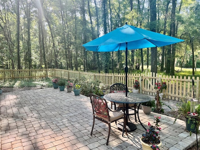 view of patio featuring outdoor dining space and a fenced backyard