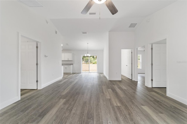 unfurnished living room featuring ceiling fan, high vaulted ceiling, and dark hardwood / wood-style floors