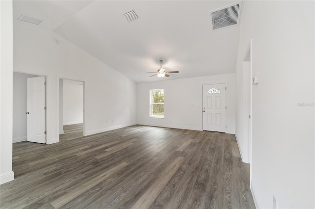 unfurnished living room featuring dark wood-type flooring, ceiling fan, and high vaulted ceiling