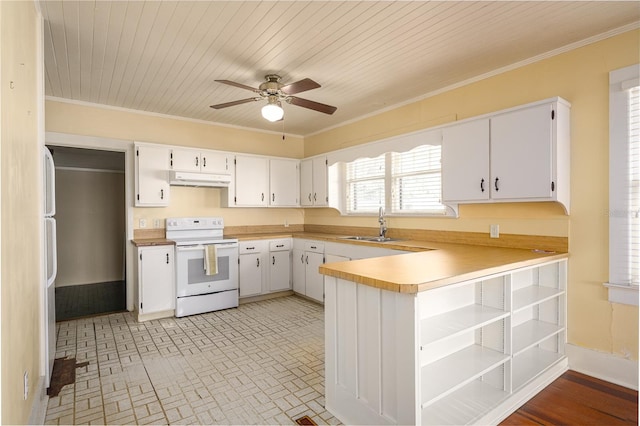 kitchen featuring crown molding, white cabinetry, wooden ceiling, and electric stove