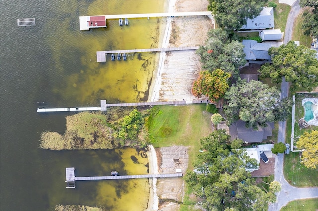 bird's eye view with a water view