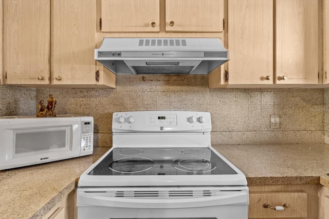 kitchen featuring light brown cabinetry, exhaust hood, backsplash, and white appliances