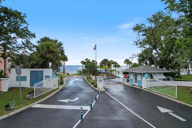 view of street with a water view