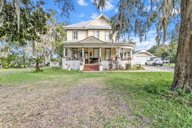 country-style home with covered porch and a front lawn