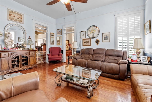 living room with hardwood / wood-style flooring and ceiling fan