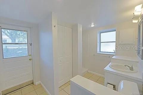 bathroom with vanity, a wealth of natural light, and tile patterned flooring