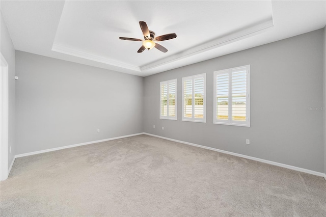 spare room with carpet, ceiling fan, and a tray ceiling