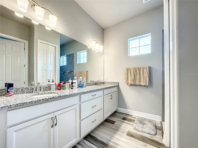 bathroom featuring vanity, plenty of natural light, and hardwood / wood-style floors