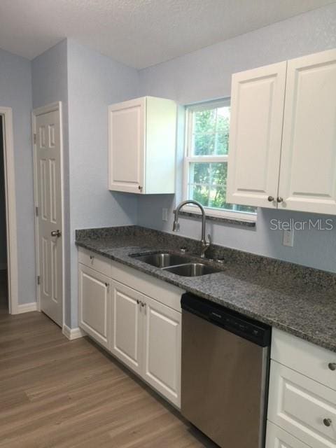 kitchen featuring white cabinetry, stainless steel dishwasher, and sink