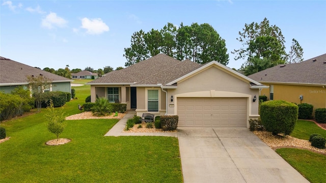 ranch-style home featuring a garage and a front yard