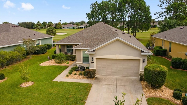 ranch-style house with a garage and a front yard