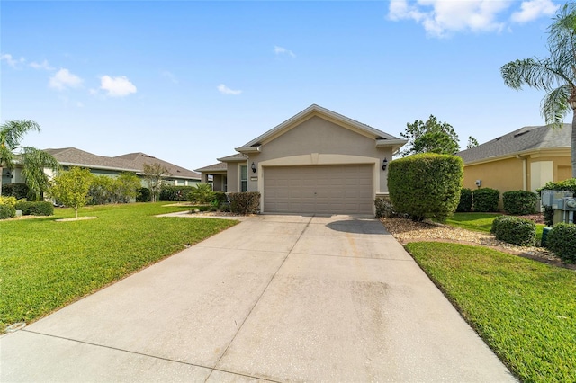 ranch-style house with a garage and a front lawn