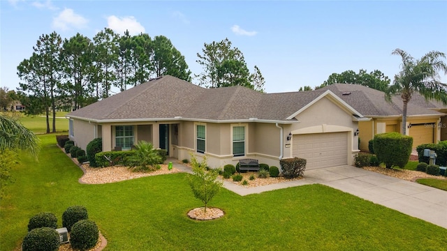 single story home with a front yard and a garage