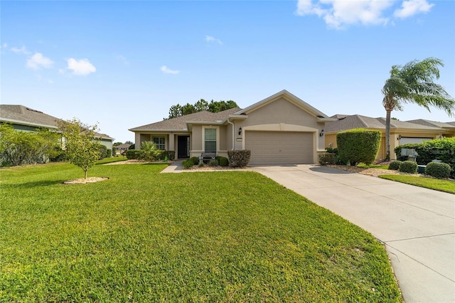 ranch-style house with a front yard and a garage