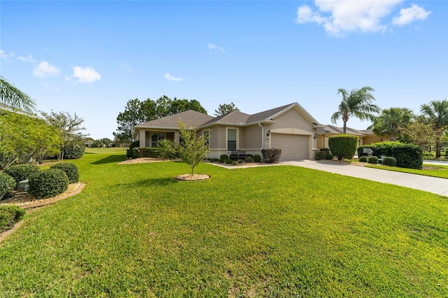 ranch-style home with a front lawn and a garage