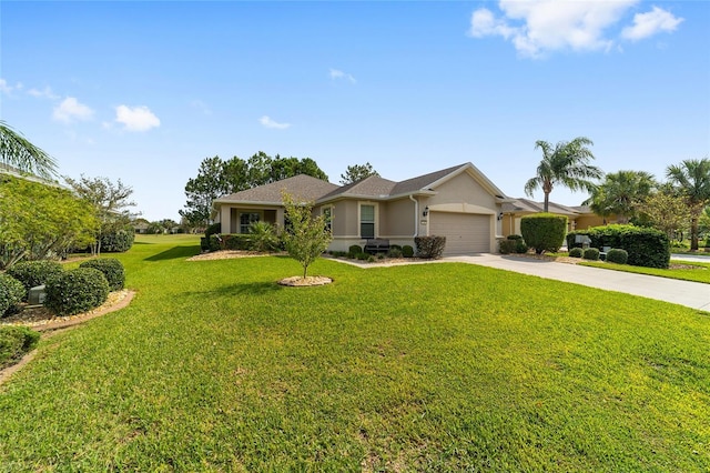 ranch-style home featuring driveway, stucco siding, a front lawn, and a garage