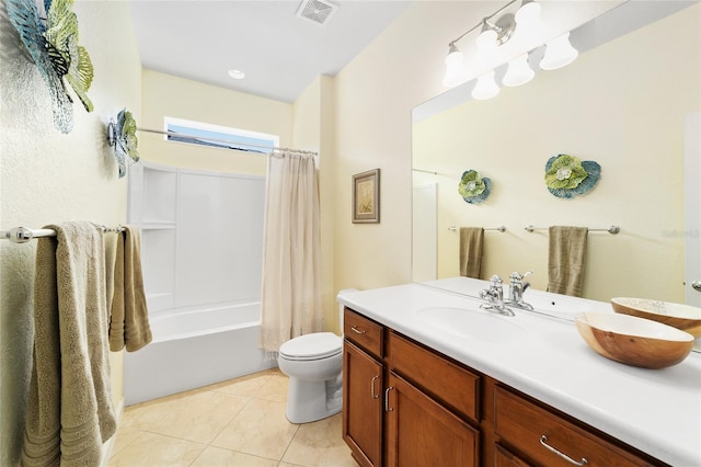 full bathroom with tile patterned floors, vanity, shower / bath combo, and toilet