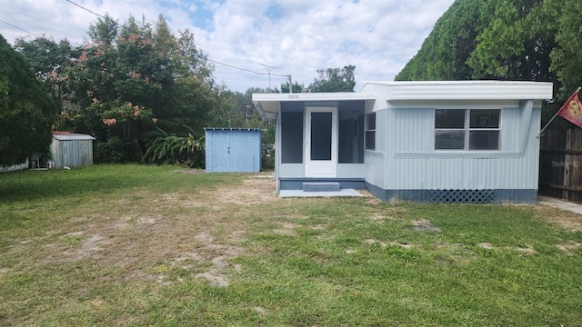 exterior space with a storage shed