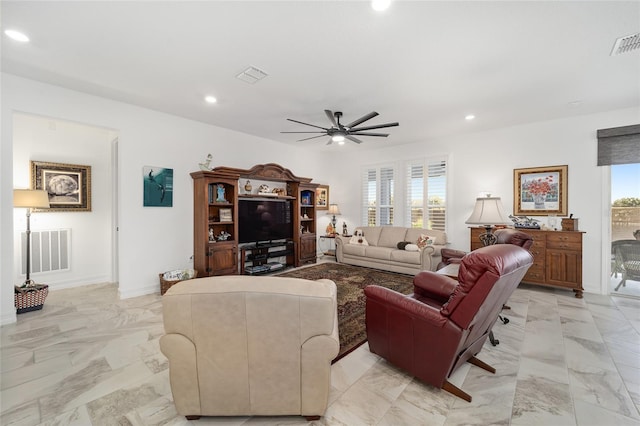 living room with ceiling fan