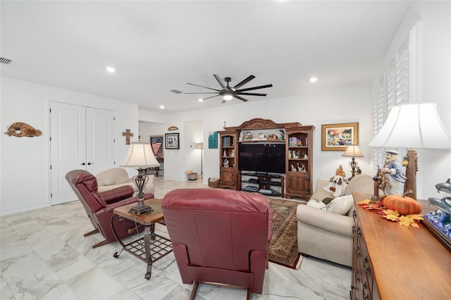 living room with ceiling fan