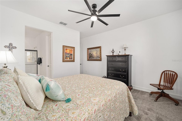 bedroom with ceiling fan and carpet flooring