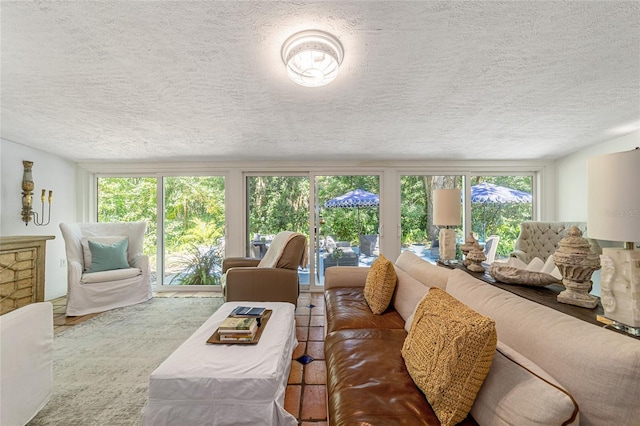 carpeted living room featuring a textured ceiling and plenty of natural light