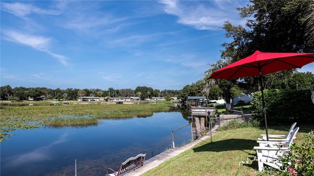 view of dock with a water view