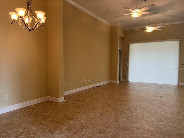 empty room featuring ornamental molding and ceiling fan with notable chandelier