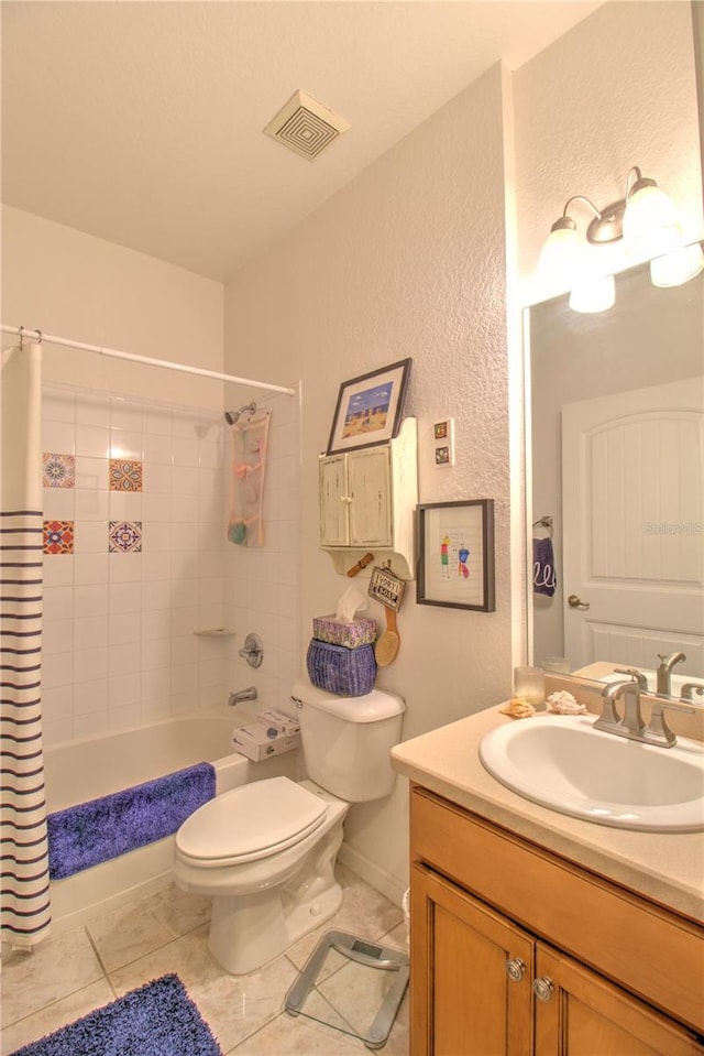 full bathroom featuring vanity, tile patterned flooring, toilet, and shower / bathtub combination with curtain