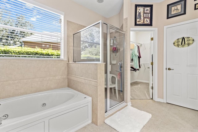 bathroom with plus walk in shower and tile patterned floors