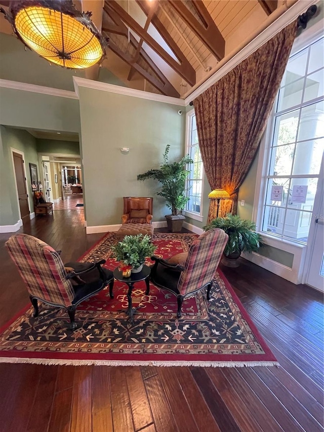 interior space with wood ceiling, a skylight, high vaulted ceiling, dark hardwood / wood-style floors, and beam ceiling