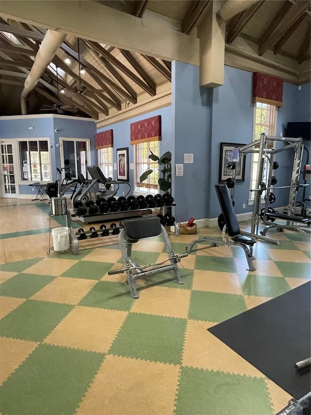 exercise room with high vaulted ceiling