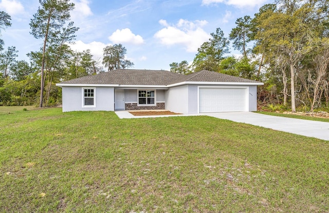 ranch-style house with a front yard and a garage