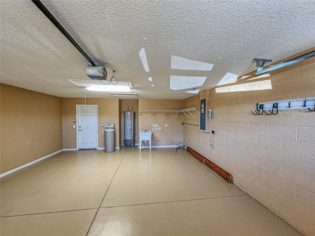 garage with a garage door opener, water heater, and electric panel