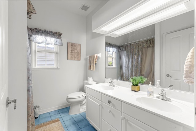 bathroom with tile patterned floors, visible vents, a sink, and toilet