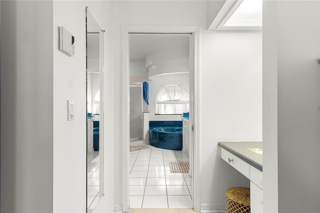 bathroom with vanity, tile patterned floors, and separate shower and tub