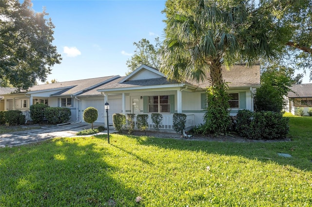 ranch-style house with a front lawn and covered porch