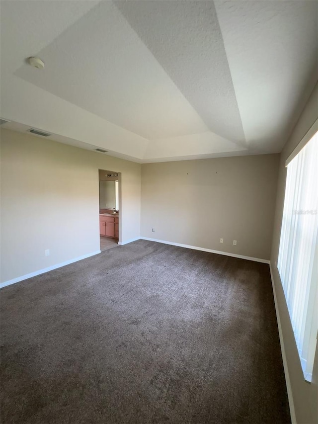 carpeted spare room featuring a raised ceiling