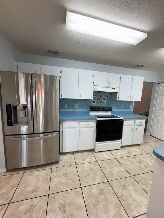 kitchen with stainless steel fridge with ice dispenser, tasteful backsplash, white cabinetry, and electric stove