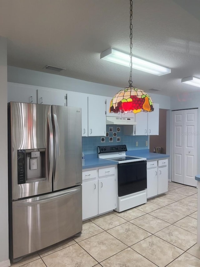 kitchen featuring decorative backsplash, electric range, white cabinetry, stainless steel refrigerator with ice dispenser, and decorative light fixtures