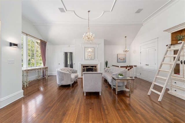 living room featuring lofted ceiling, dark hardwood / wood-style floors, and crown molding