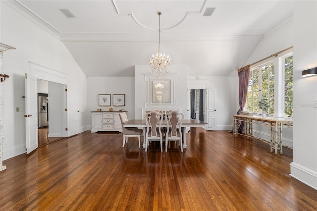 dining area with an inviting chandelier, ornamental molding, dark wood-type flooring, and vaulted ceiling