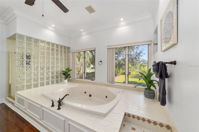 bathroom with crown molding, wood-type flooring, and plus walk in shower