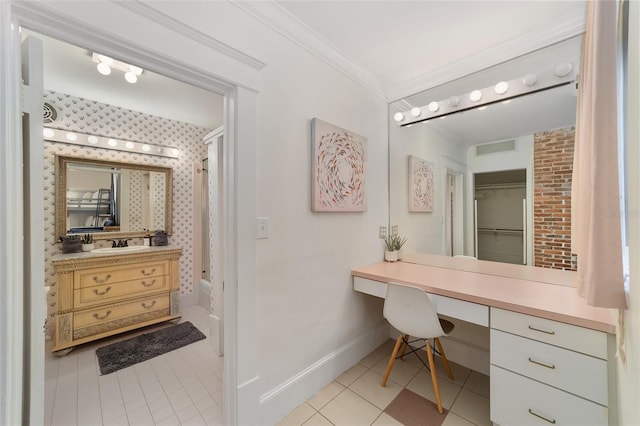 bathroom featuring vanity, ornamental molding, shower / bath combo, and tile patterned floors