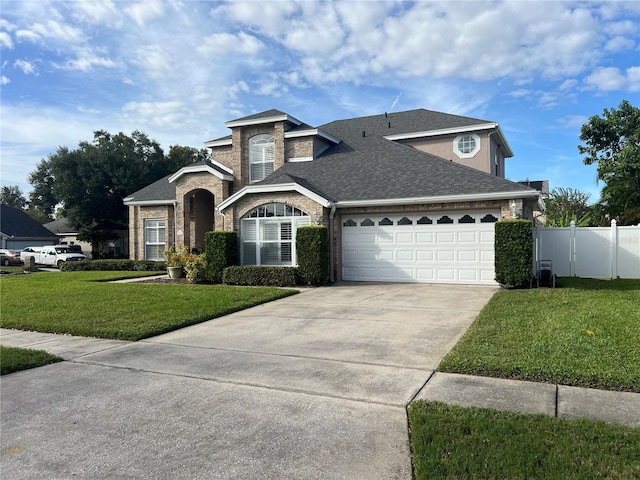 view of front of house featuring driveway, a shingled roof, an attached garage, fence, and a front yard