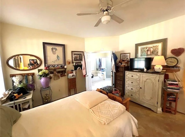 bedroom with light colored carpet and ceiling fan