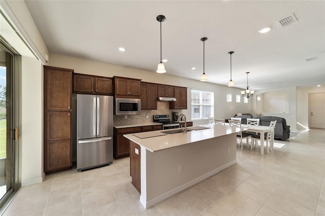 kitchen featuring decorative backsplash, an island with sink, stainless steel appliances, sink, and pendant lighting