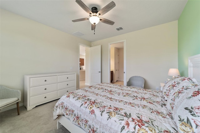 bedroom with light colored carpet and ceiling fan