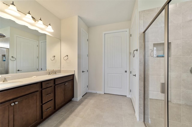 bathroom with vanity, walk in shower, and tile patterned flooring